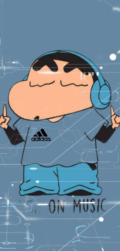 Cartoon character wearing headphones with a blue background.