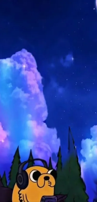 Cartoon character under colorful night sky with moon and clouds.