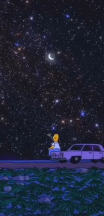 Cartoon character under a starry night sky with a crescent moon.