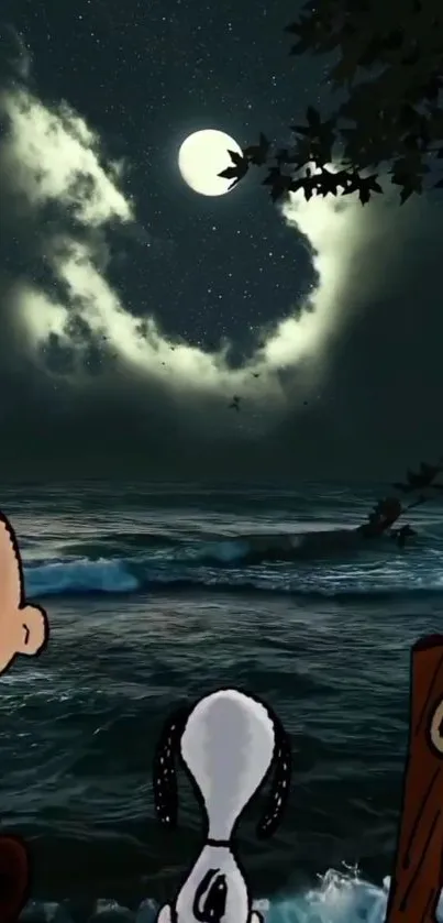 Cartoon night sky with characters by the ocean.