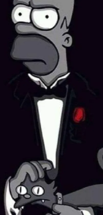 Noir cartoon character in tuxedo with a red rose on black background.