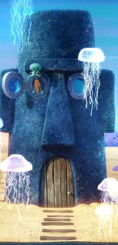 Cartoon ocean house with jellyfish around.