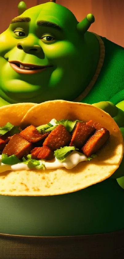 Animated green ogre holding a taco with a smile.