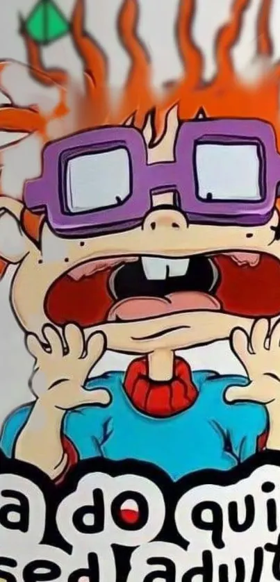 A cartoon character with orange hair and glasses in a surprised expression.