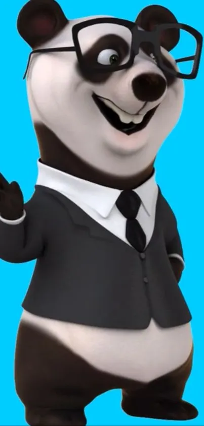 Stylish cartoon panda wearing black suit and glasses on blue background.