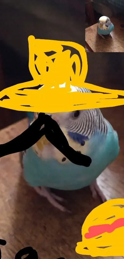 Cartoon parakeet with sombrero on wooden surface.