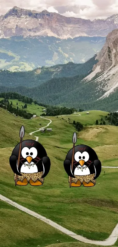 Whimsical cartoon penguins on mountain landscape background.