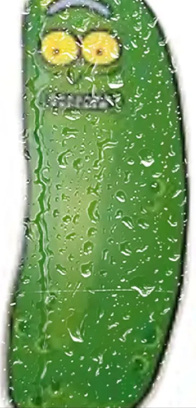 Cartoon pickle with water droplets on a green background.