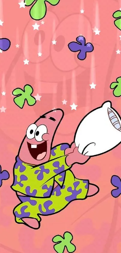 Cartoon character enjoying a pillow fight on a colorful background.