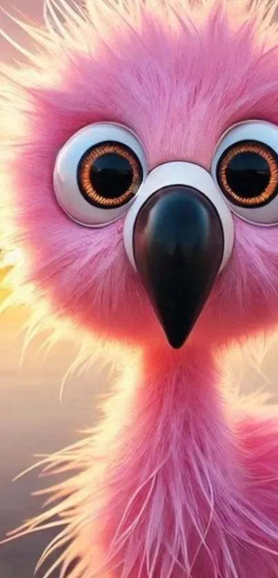 Cartoon pink bird with large eyes and fluffy feathers at sunset.