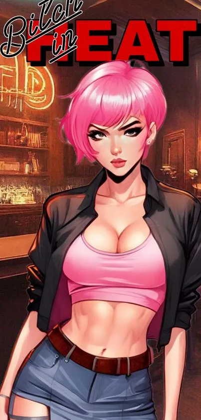 Anime wallpaper with pink-haired character in a bar setting.