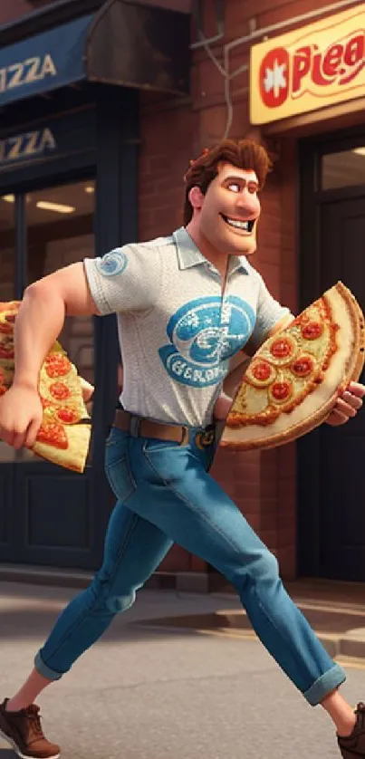 Cartoon character carrying pizza slices in a lively street setting.