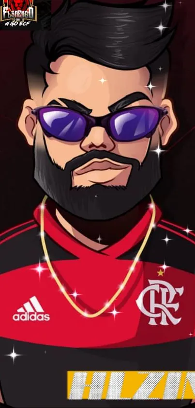 Cartoon character in red and black football jersey with sunglasses.