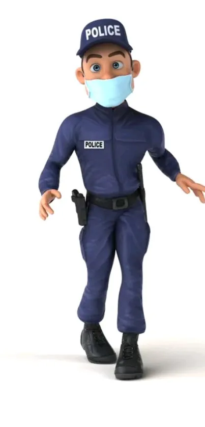 Cartoon police officer in uniform and mask on a white background.