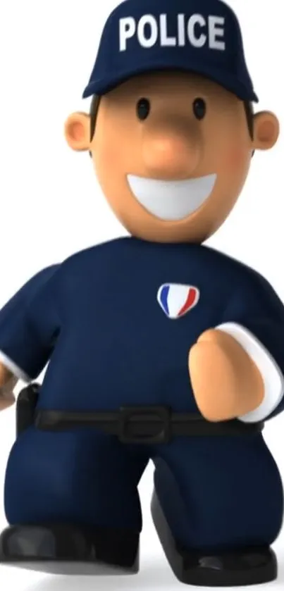 Smiling cartoon policeman in blue uniform.