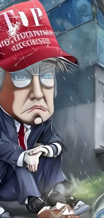 Cartoon of a political figure with glasses and red hat in a digital artwork.