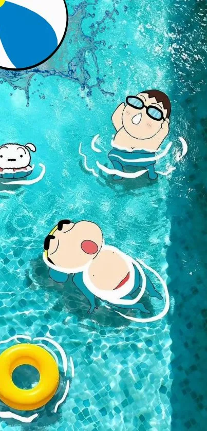 Cartoon characters enjoying a pool on a sunny day.