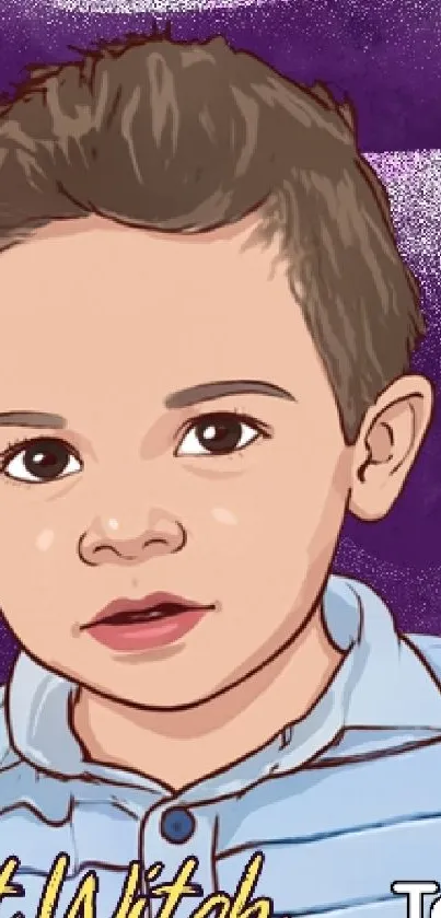 Cartoon child portrait on purple background wallpaper.