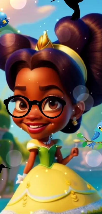 Cute cartoon princess with glasses in a vibrant outdoor setting with birds.