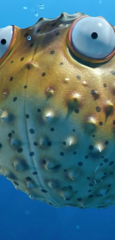 Cartoon puffer fish swimming underwater in vibrant ocean scene.