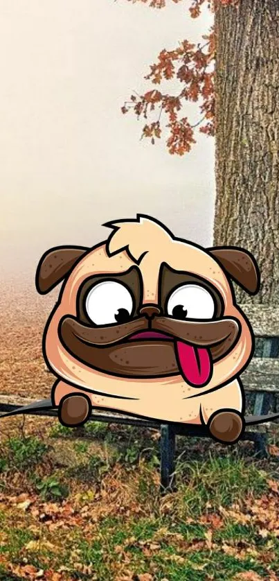 Cute cartoon pug sitting on a bench with autumn leaves.