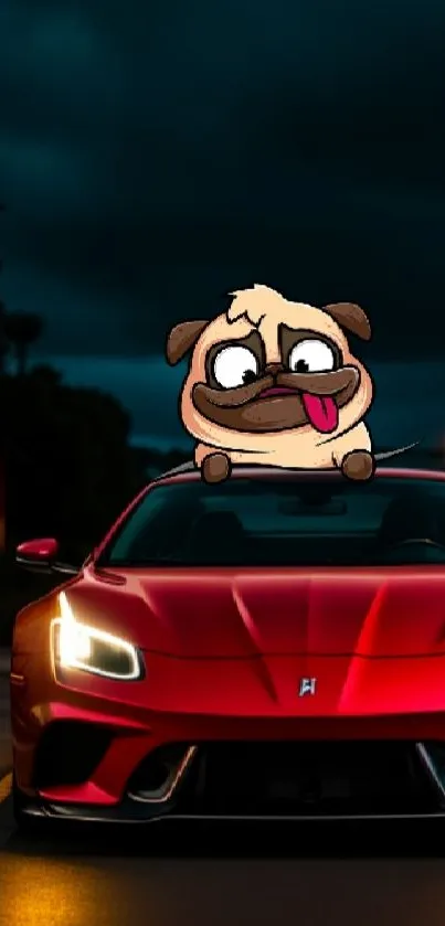 Cartoon pug sitting on a vibrant red sports car at night.