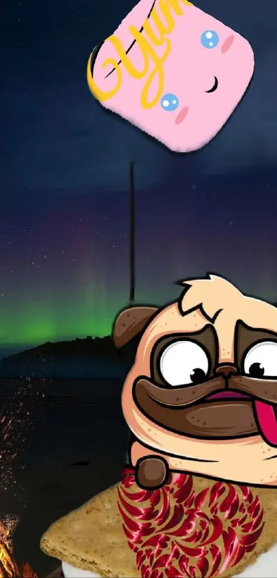 Cute cartoon pug with s'more under aurora lights.