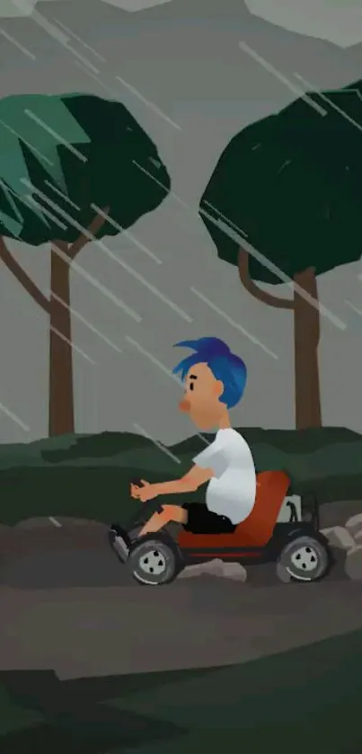 Cartoon character driving in the rain.