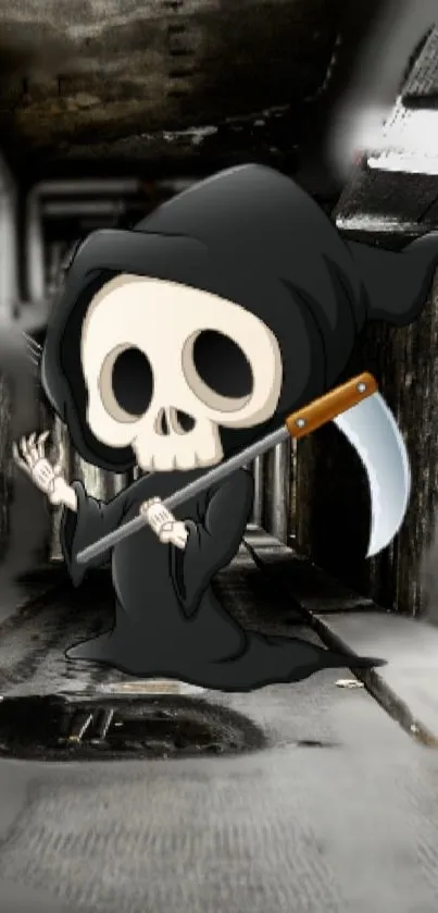 Cartoon reaper in a dark, urban alleyway wallpaper.