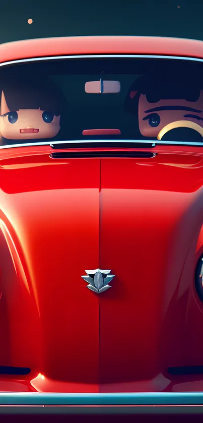 Cartoon characters driving a red car.