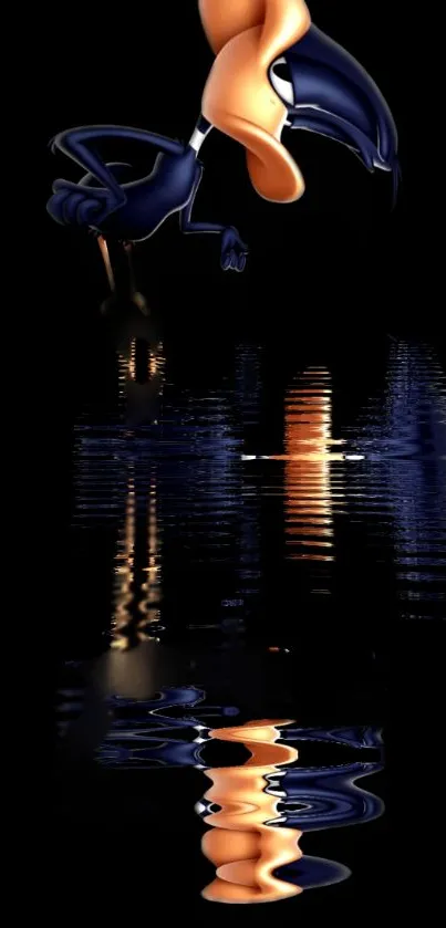 Whimsical cartoon character with vibrant reflection on a black background.