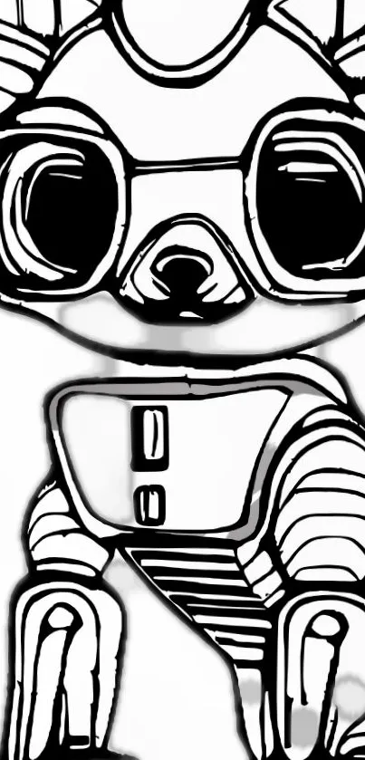 A whimsical line art drawing of a cartoon robot with bold outlines.