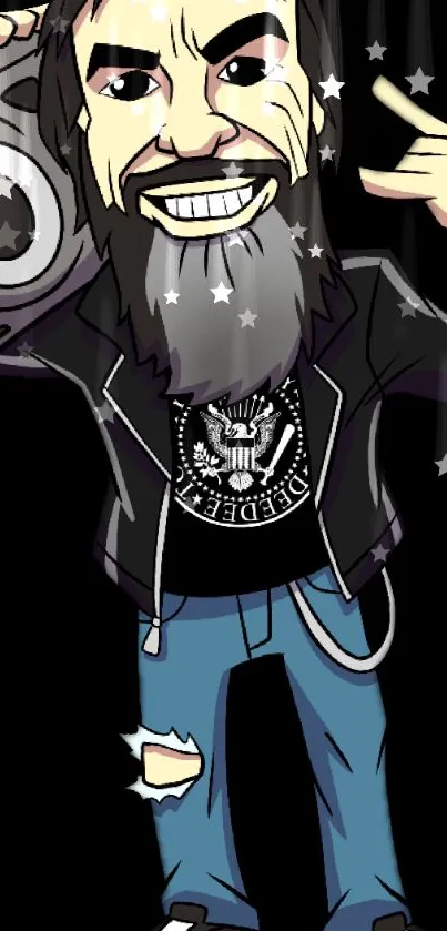 Cartoon character with a beard and leather jacket in a rock star pose.