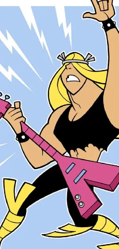 Cartoon rock star with pink guitar and lightning on a light blue background.