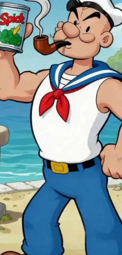 Cartoon sailor with a spinach can by the sea.
