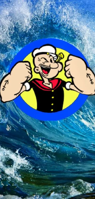 Cartoon sailor flexing muscles in front of ocean waves.