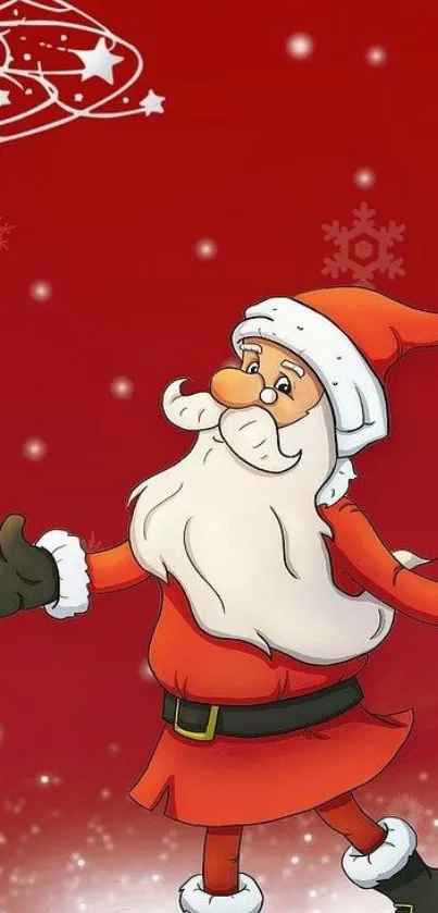 Cheerful cartoon Santa on a festive red background.