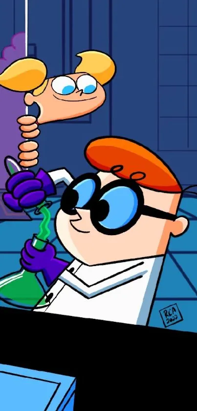 Cartoon scientist in a bright laboratory setting, vibrant colors for mobile wallpaper.