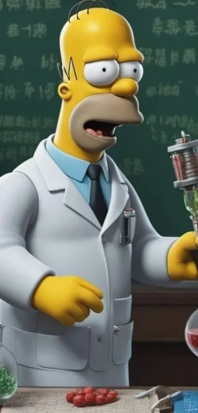 Cartoon scientist in lab with colorful background.