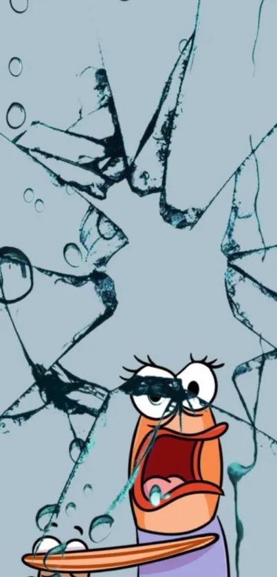 Cartoon character screaming with shattered glass background.