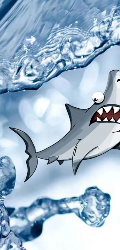 Cartoon shark swimming in water with 3D splash effect background.