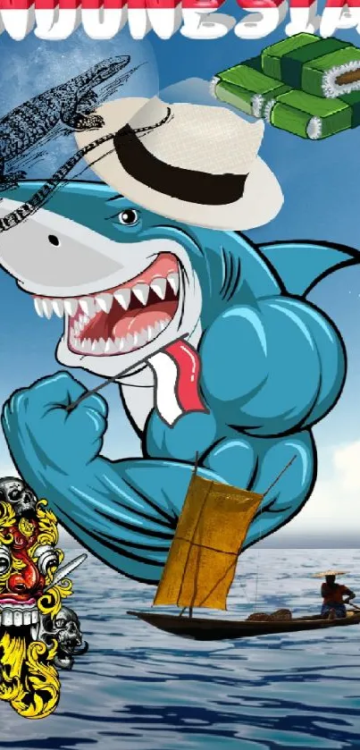 Cartoon shark in an Indonesian cultural setting with ocean backdrop.