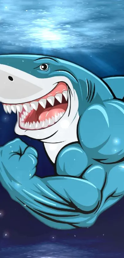 Cartoon shark flexing muscles underwater with a blue background.