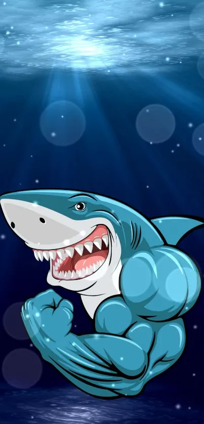 Animated muscular shark in ocean blue setting with light beams.