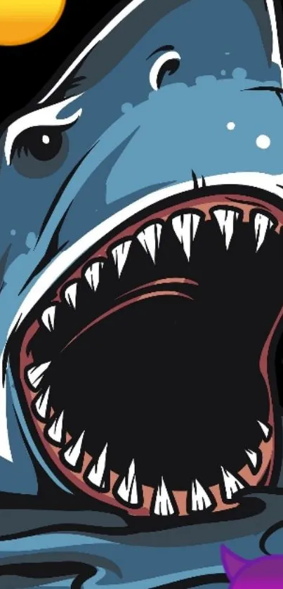 Cartoon shark with emojis on black background.