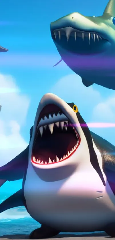 Vibrant cartoon sharks in an ocean scene with bright blue sky.