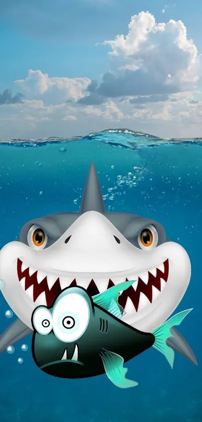 Cartoon sharks diving in ocean waters with playful expressions.