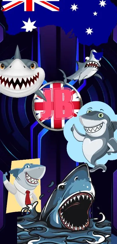 Cartoon sharks on purple background with Australian flag.