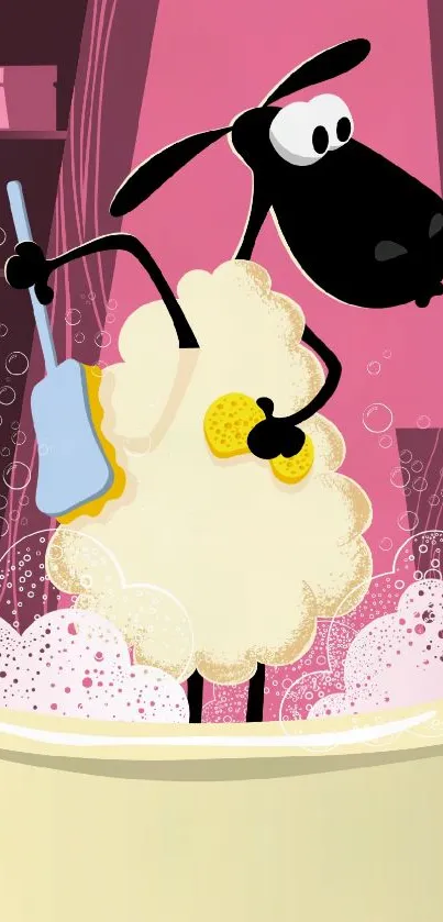 Cartoon sheep taking a bath in pink bubbly setting.