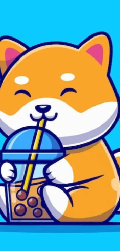 Cute cartoon Shiba Inu sipping bubble tea with a bright blue background.